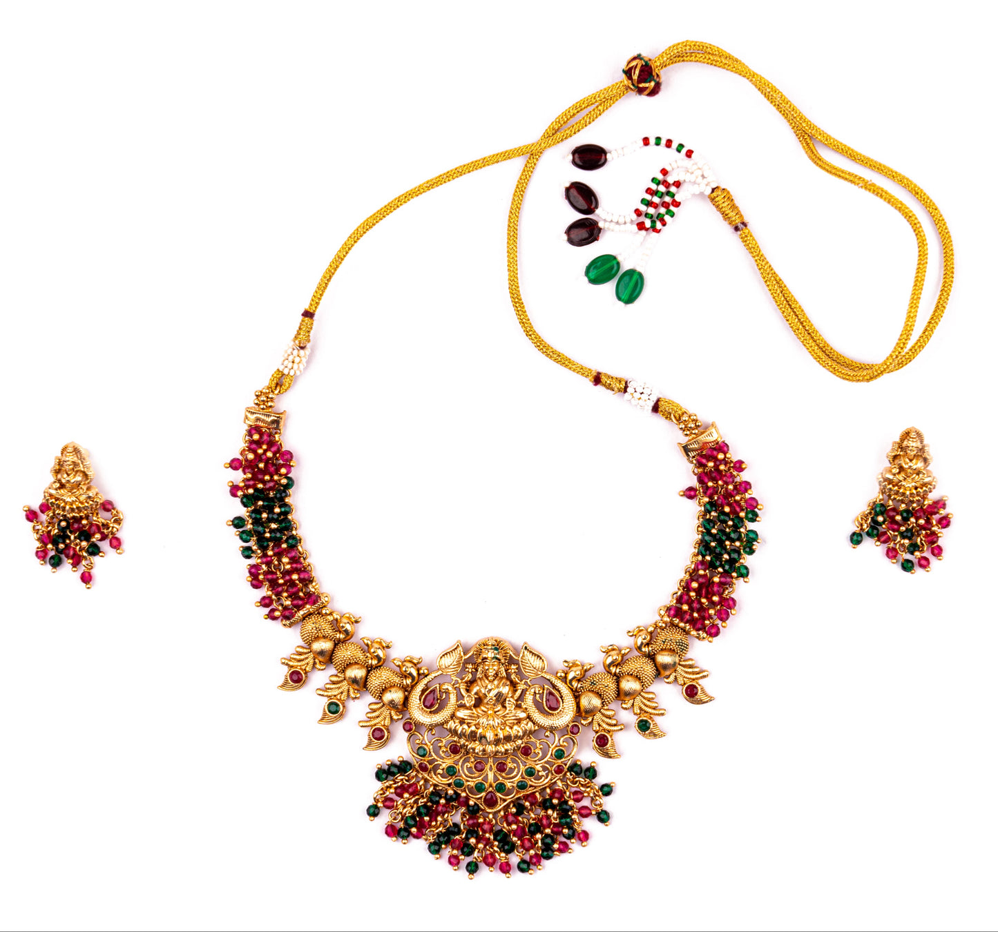 Wine Red Green Brass Mata Laxmi Temple Design Gold Plated Necklace set