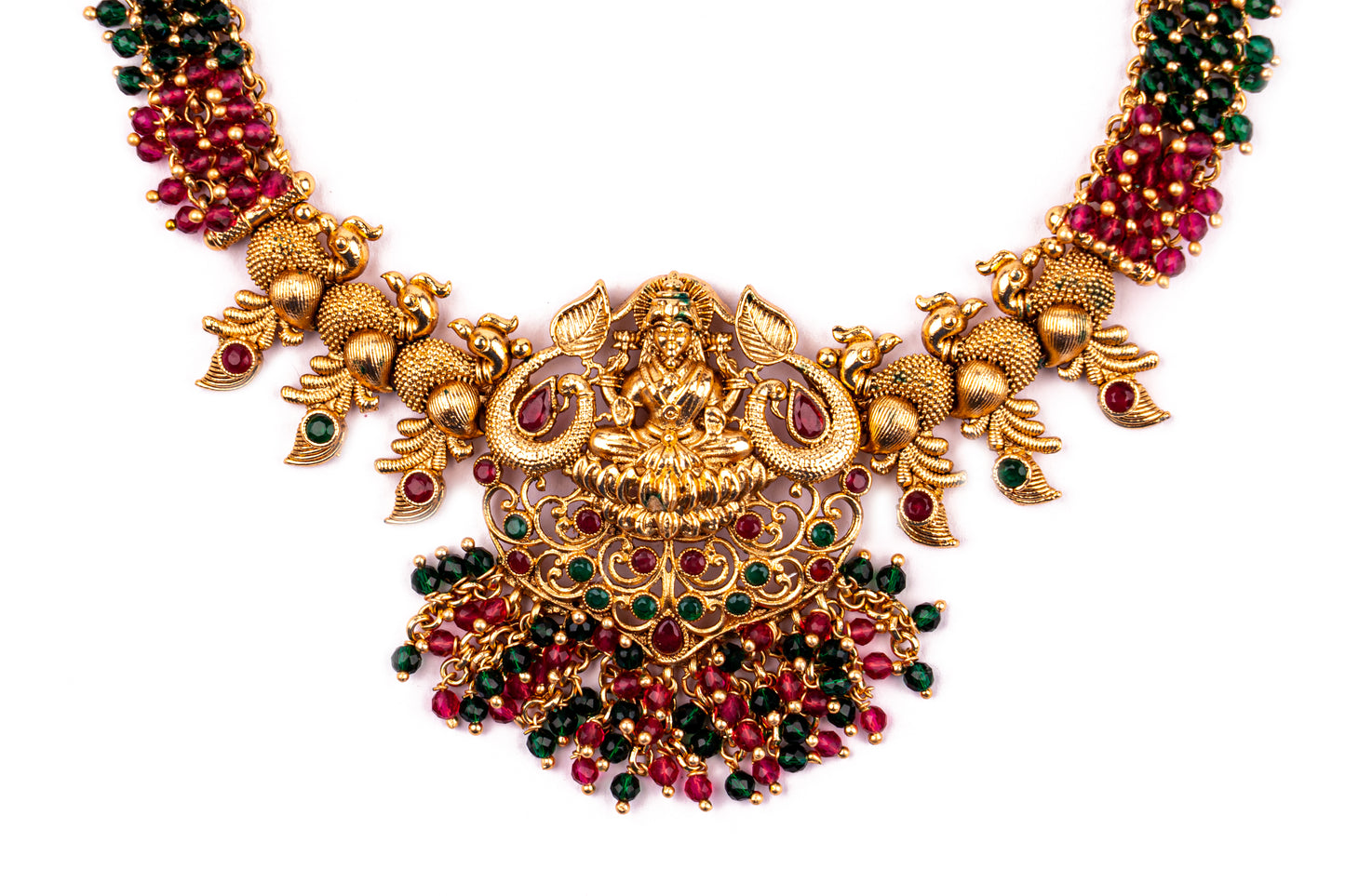 Wine Red Green Brass Mata Laxmi Temple Design Gold Plated Necklace set