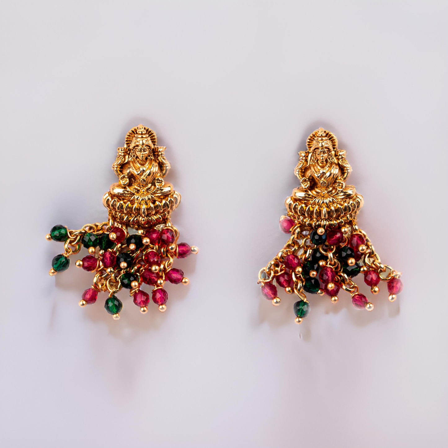 Wine Red Green Brass Mata Laxmi Temple Design Gold Plated Necklace set