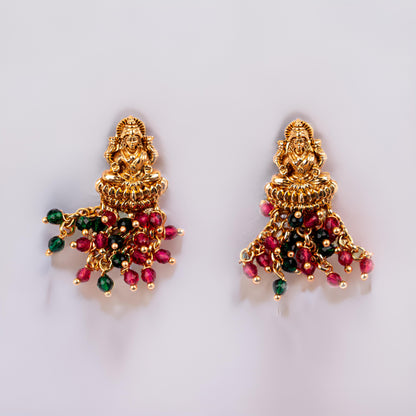 Wine Red Green Brass Mata Laxmi Temple Design Gold Plated Necklace set