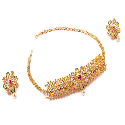 Ruby and Green Color 1Gram Gold Plated American Dimond Choker Necklace Set