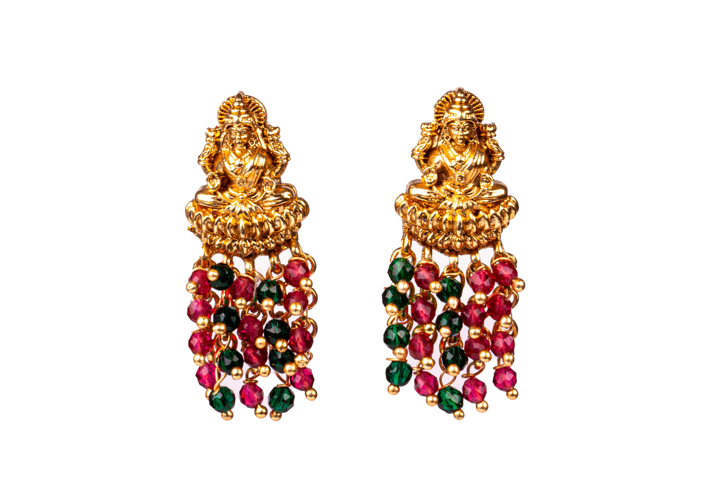 Wine Red Green Brass Mata Laxmi Temple Design Gold Plated Necklace set