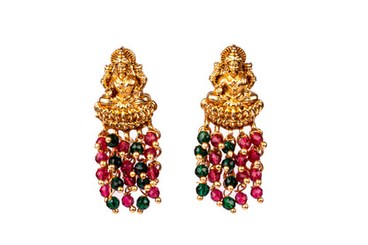 Wine Red Green Brass Mata Laxmi Temple Design Gold Plated Necklace set