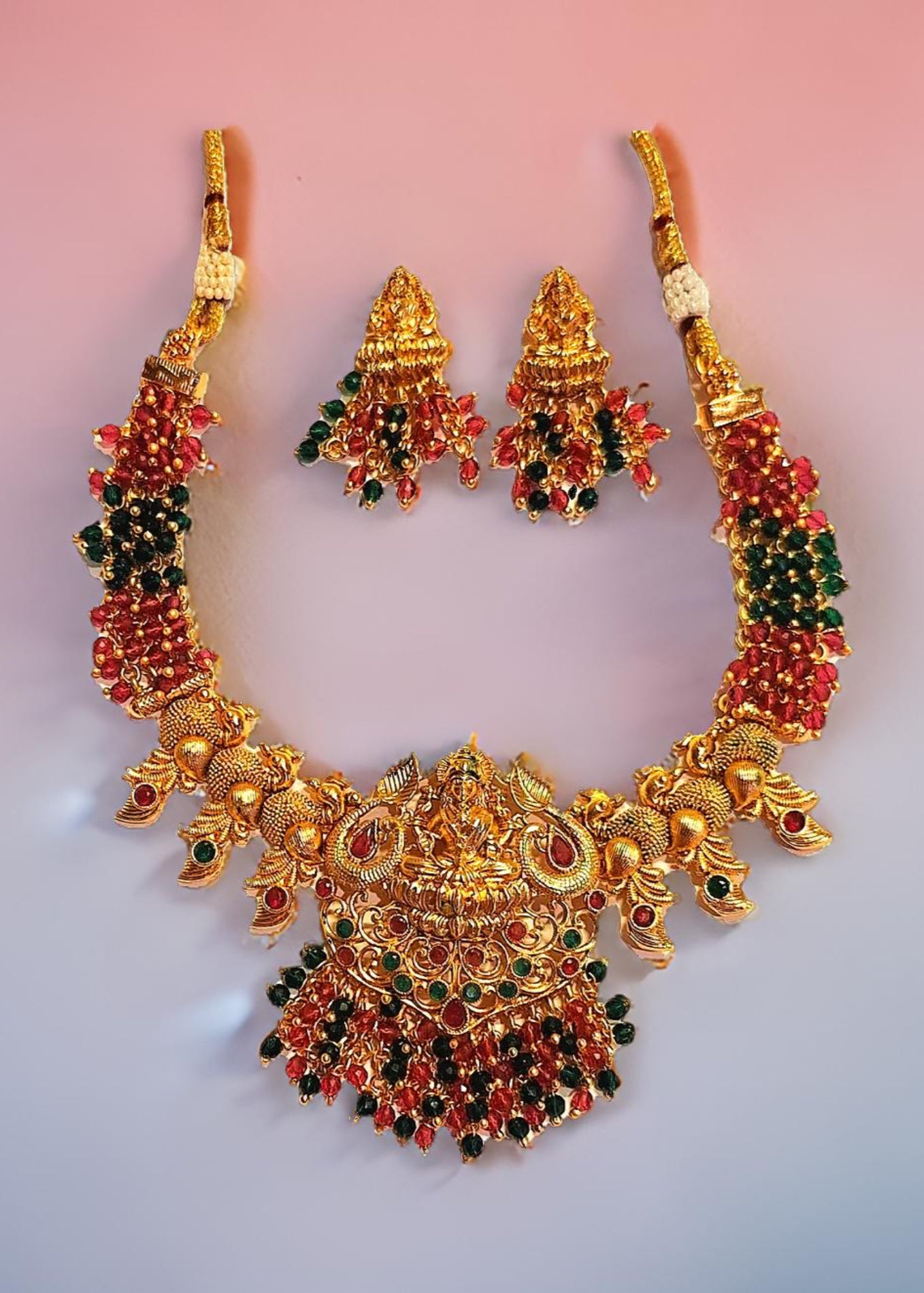 Wine Red Green Brass Mata Laxmi Temple Design Gold Plated Necklace set