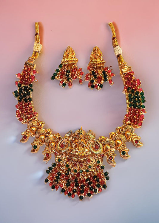 Wine Red Green Brass Mata Laxmi Temple Design Gold Plated Necklace set