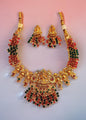 Wine Red Green Brass Mata Laxmi Temple Design Gold Plated Necklace set
