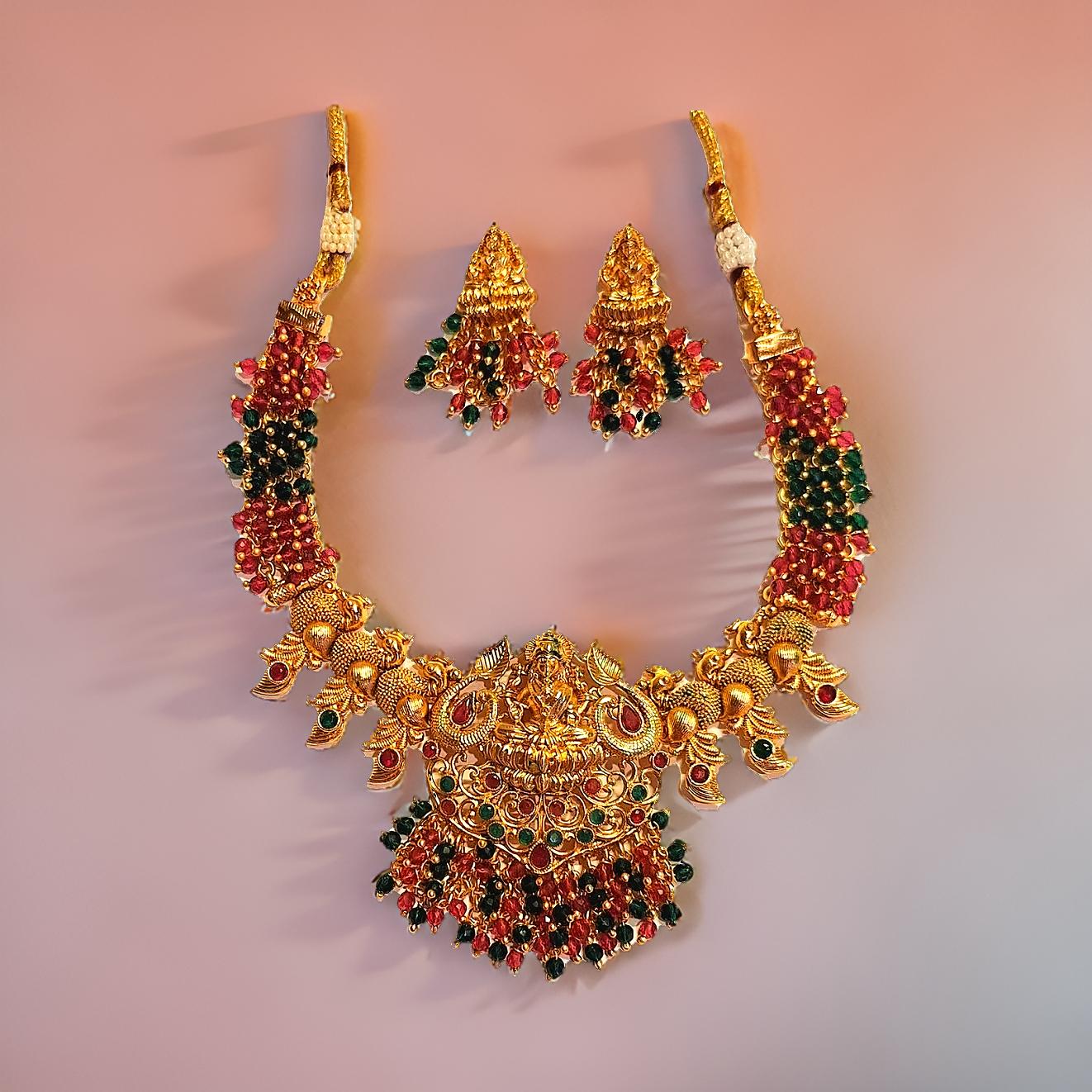 Wine Red Green Brass Mata Laxmi Temple Design Gold Plated Necklace set