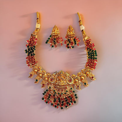 Wine Red Green Brass Mata Laxmi Temple Design Gold Plated Necklace set