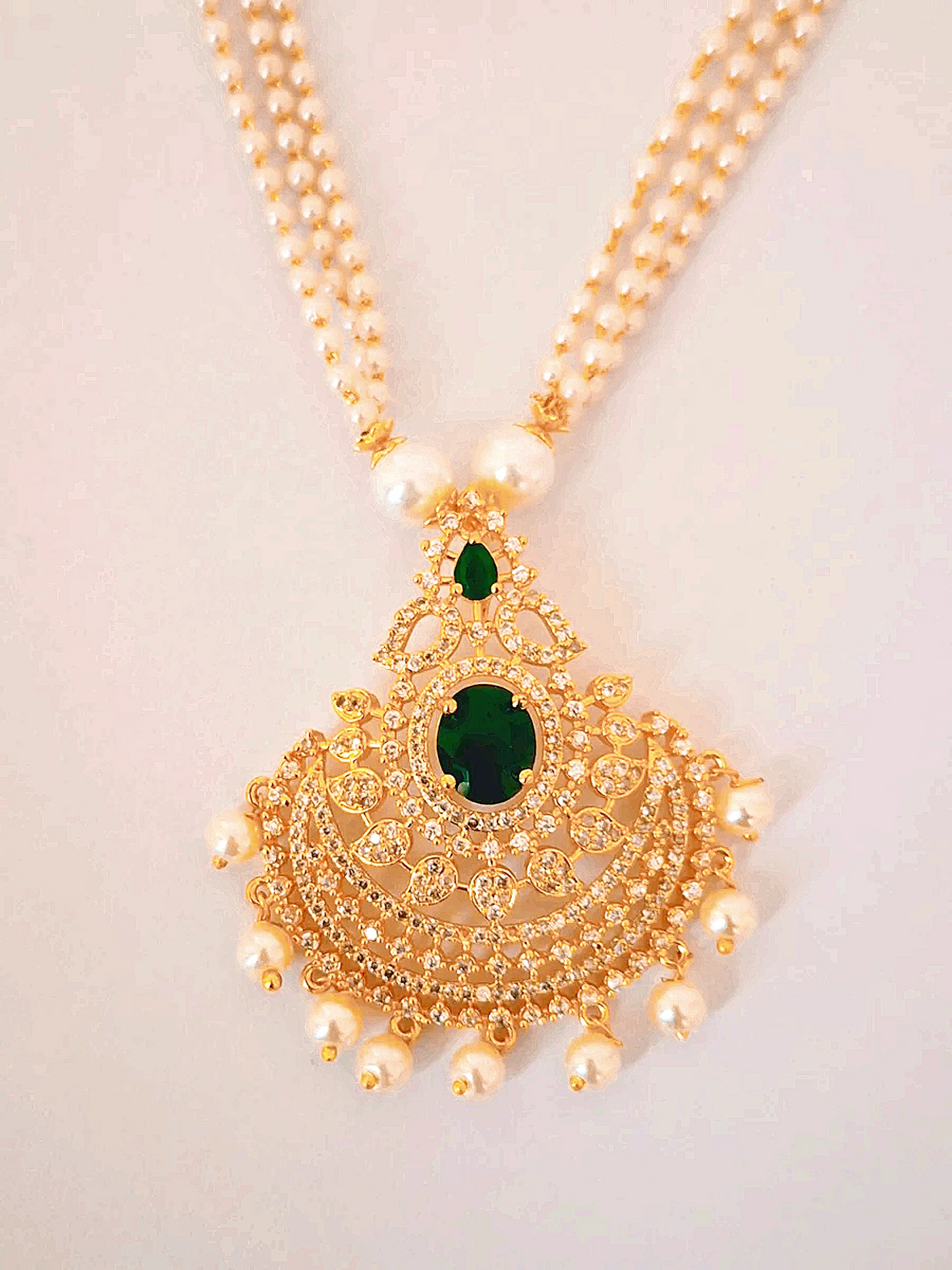 Green American Diamond Pearl Chain Long Necklace Set