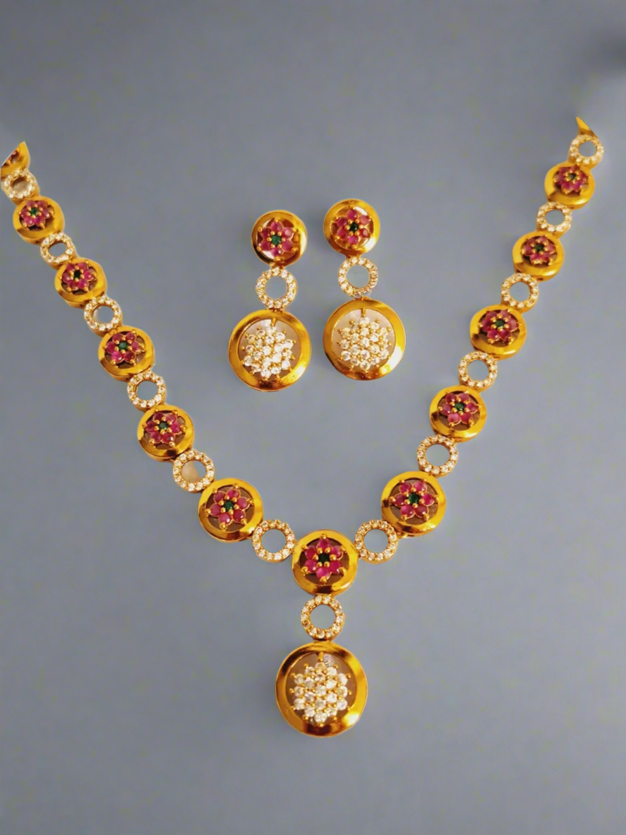 Pink Ruby American Diamond 1.5 Gram Gold Plated Necklace Set with Earring