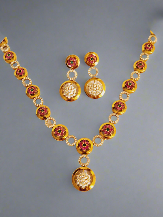 Pink Ruby American Diamond 1.5 Gram Gold Plated Necklace Set with Earring