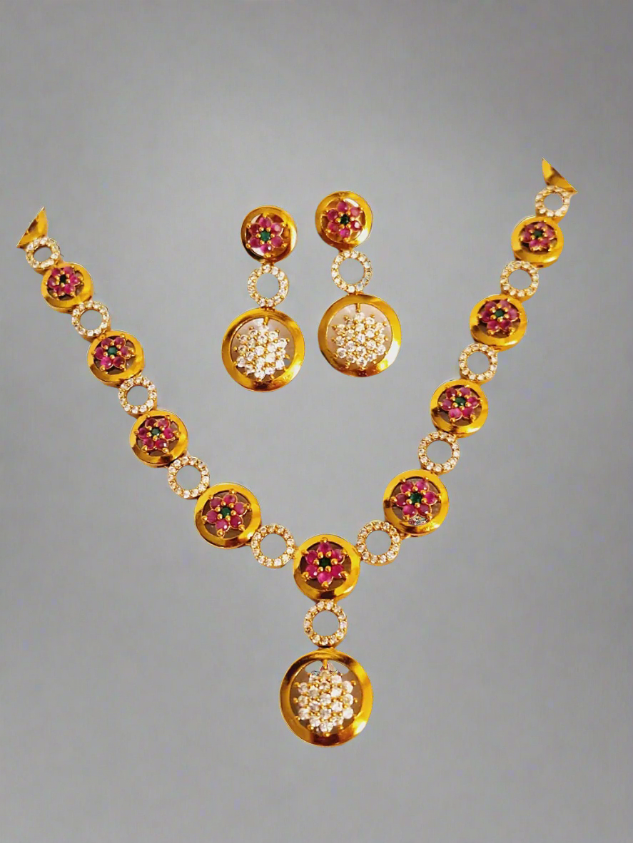 Pink Ruby American Diamond 1.5 Gram Gold Plated Necklace Set with Earring