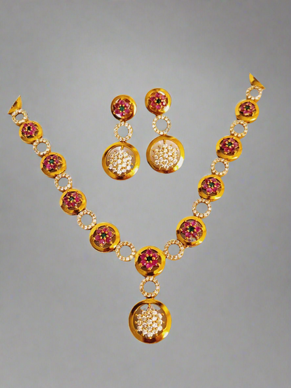 Pink Ruby American Diamond 1.5 Gram Gold Plated Necklace Set with Earring