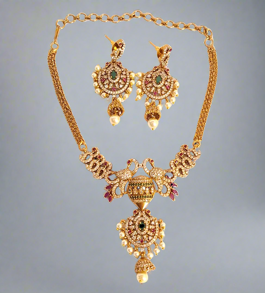 Peacock Pink Green Ruby 1.5 Gram Gold Plated Choker Necklace Set