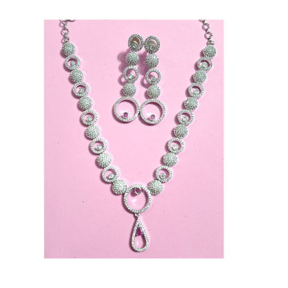 White And Pink American Diamond Necklace Set with Statement Earrings