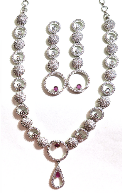 White And Pink American Diamond Necklace Set with Statement Earrings