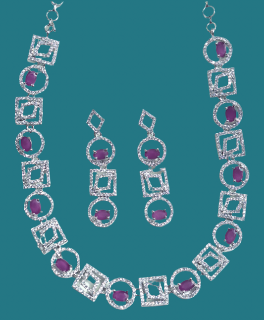 Pink white American Diamond Necklace Set