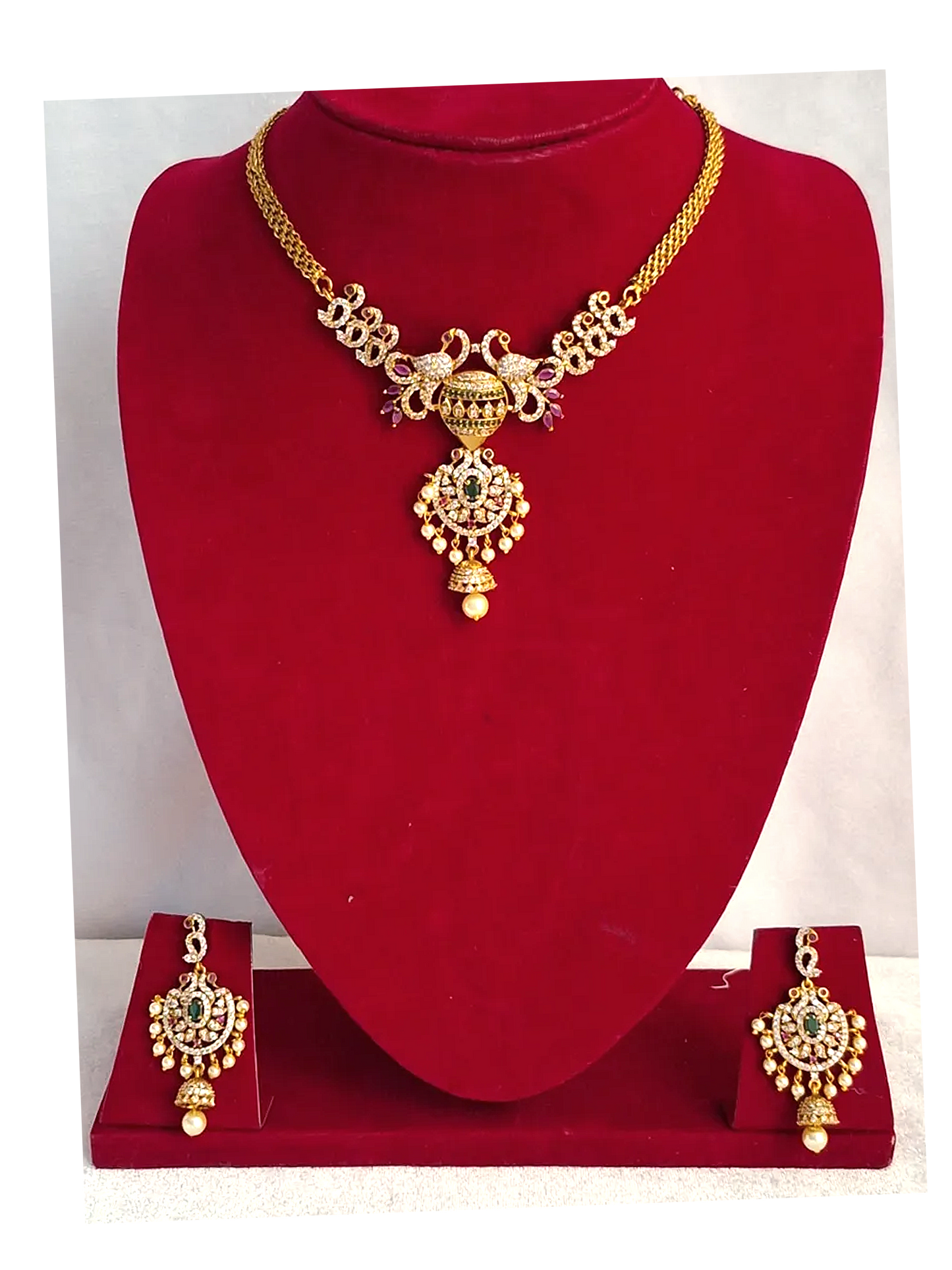 Peacock Pink Green Ruby 1.5 Gram Gold Plated Choker Necklace Set