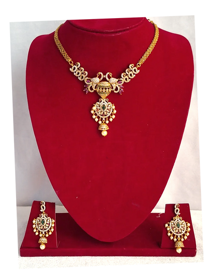 Peacock Pink Green Ruby 1.5 Gram Gold Plated Choker Necklace Set