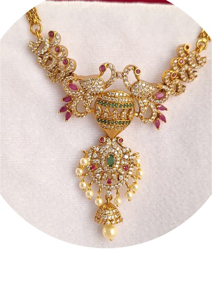 Peacock Pink Green Ruby 1.5 Gram Gold Plated Choker Necklace Set
