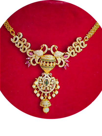 Peacock Pink Green Ruby 1.5 Gram Gold Plated Choker Necklace Set