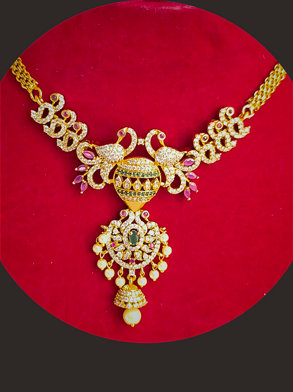 Peacock Pink Green Ruby 1.5 Gram Gold Plated Choker Necklace Set
