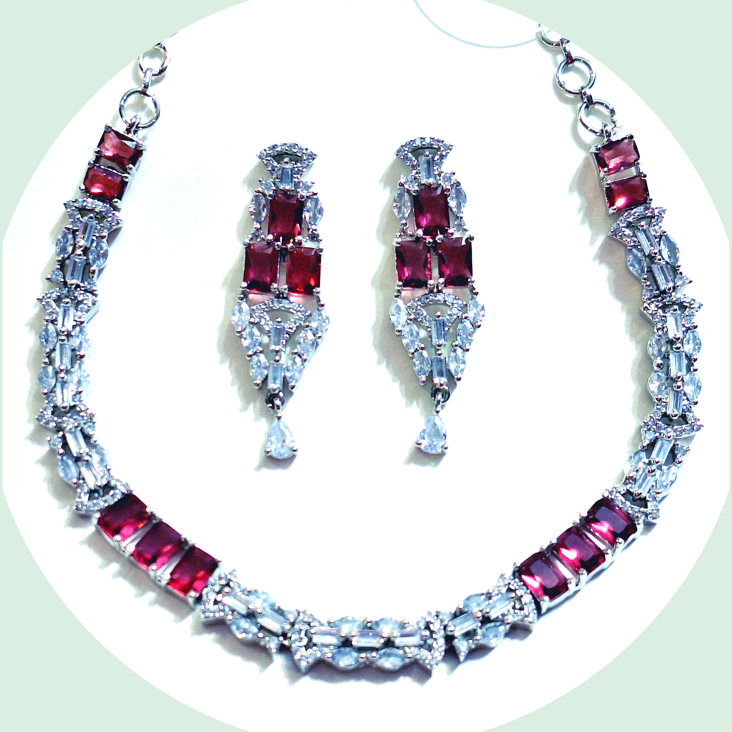 Red Wine and White Color American Diamond Necklace Set