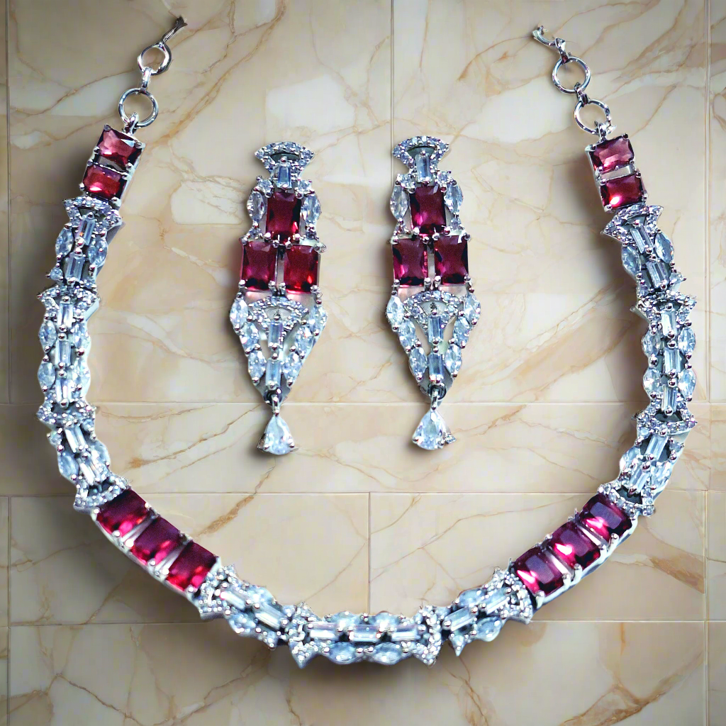 Red Wine and White Color American Diamond Necklace Set
