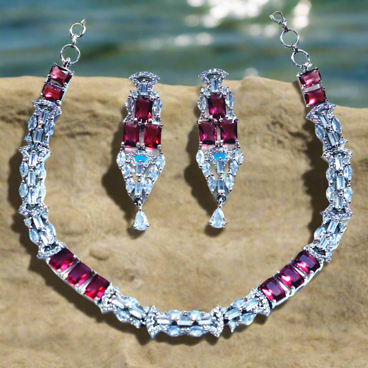 Red Wine and White Color American Diamond Necklace Set