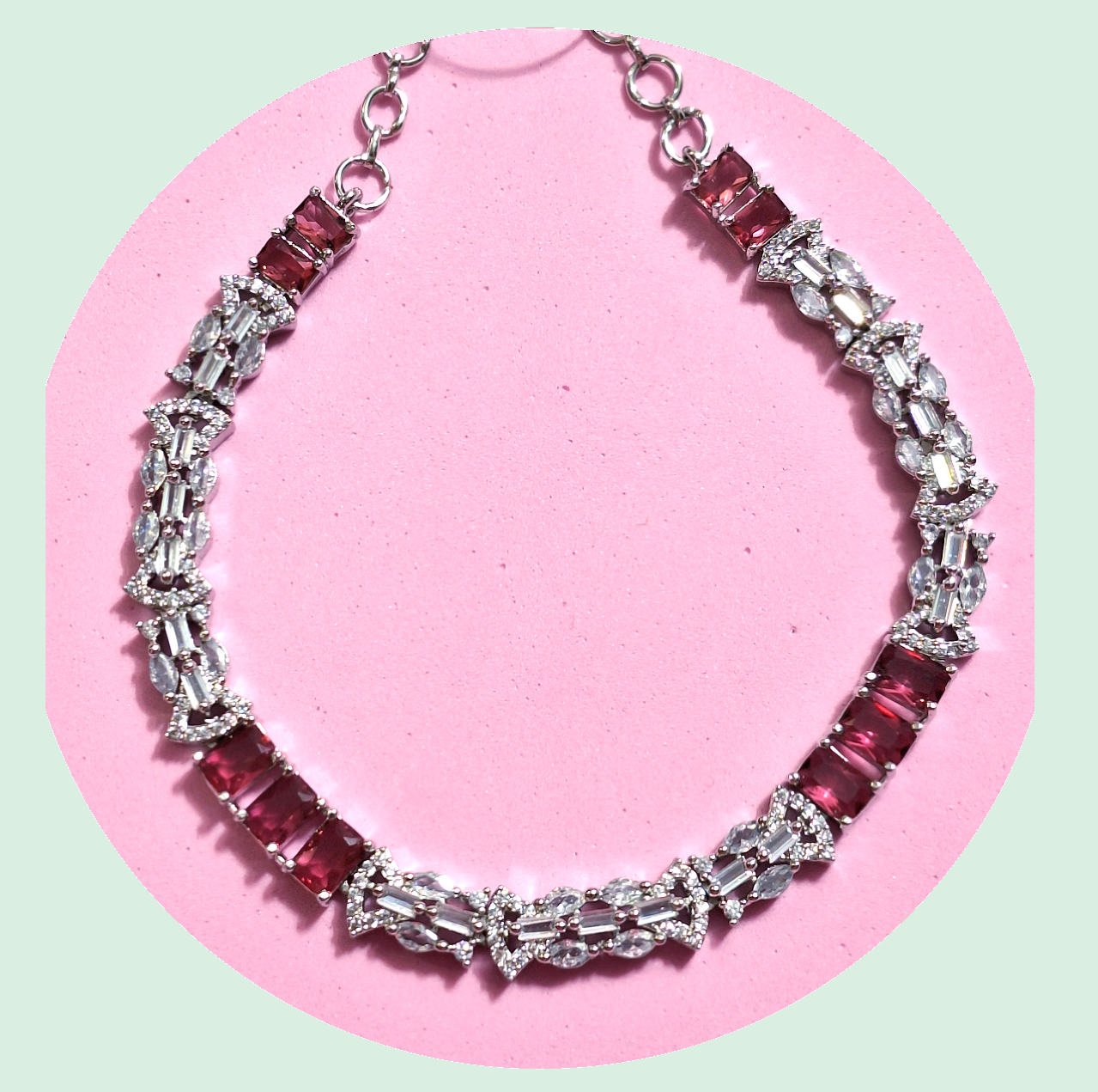 Red Wine and White Color American Diamond Necklace Set