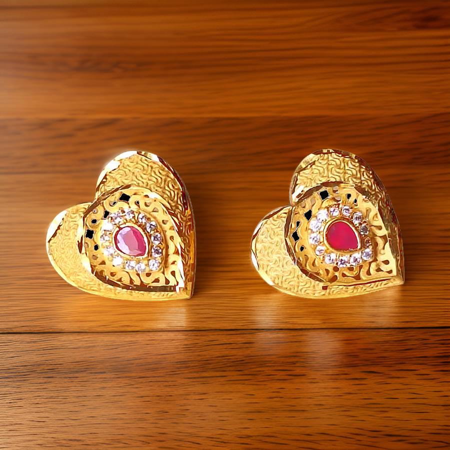 Elegant Heart Design Ruby Gold-Plated Stud Earrings – 1 Gram of Timeless Beauty