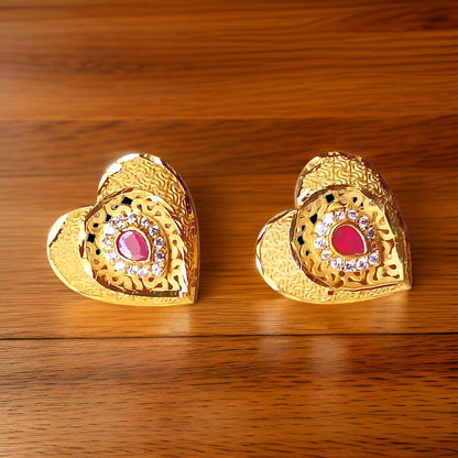 Elegant Heart Design Ruby Gold-Plated Stud Earrings – 1 Gram of Timeless Beauty