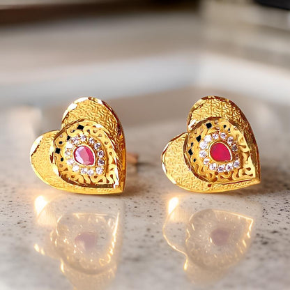Elegant Heart Design Ruby Gold-Plated Stud Earrings – 1 Gram of Timeless Beauty
