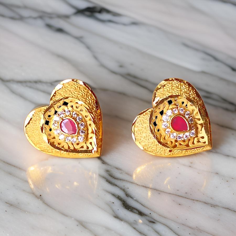 Elegant Heart Design Ruby Gold-Plated Stud Earrings – 1 Gram of Timeless Beauty