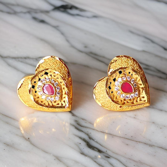 Elegant Heart Design Ruby Gold-Plated Stud Earrings – 1 Gram of Timeless Beauty