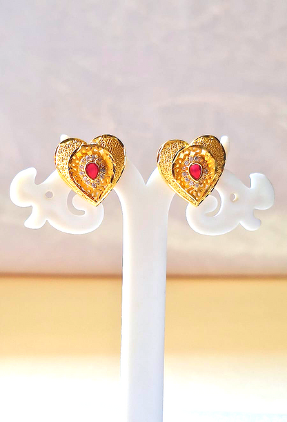 Elegant Heart Design Ruby Gold-Plated Stud Earrings – 1 Gram of Timeless Beauty
