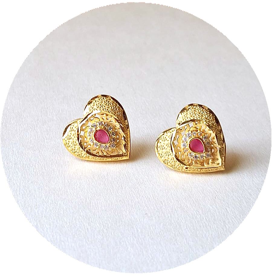Elegant Heart Design Ruby Gold-Plated Stud Earrings – 1 Gram of Timeless Beauty