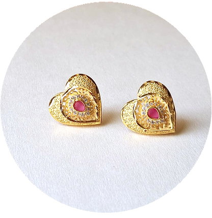 Elegant Heart Design Ruby Gold-Plated Stud Earrings – 1 Gram of Timeless Beauty