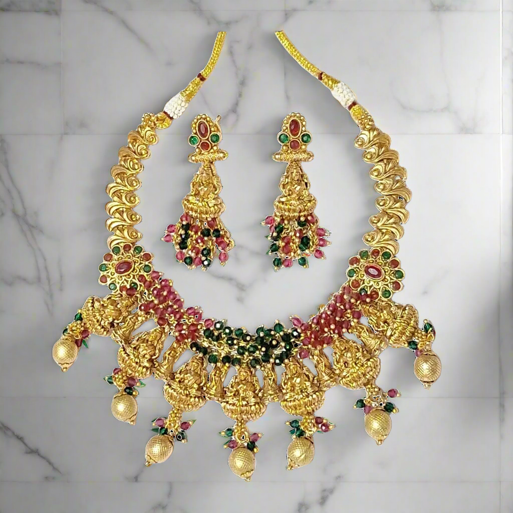 Maa Laxmi Temple Design Red Green Gold Plate Necklace Set