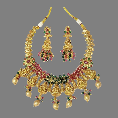 Maa Laxmi Temple Design Red Green Gold Plate Necklace Set