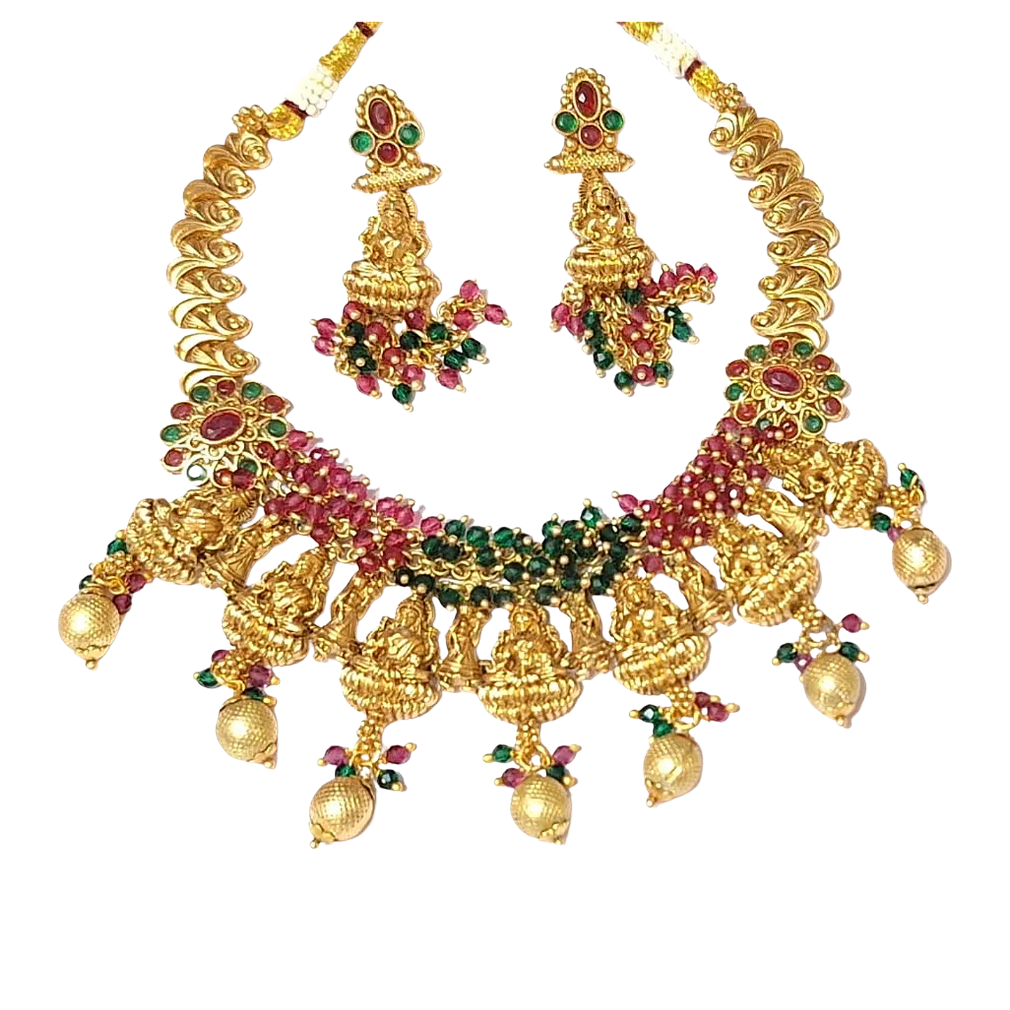 Maa Laxmi Temple Design Red Green Gold Plate Necklace Set