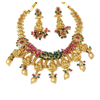 Maa Laxmi Temple Design Red Green Gold Plate Necklace Set