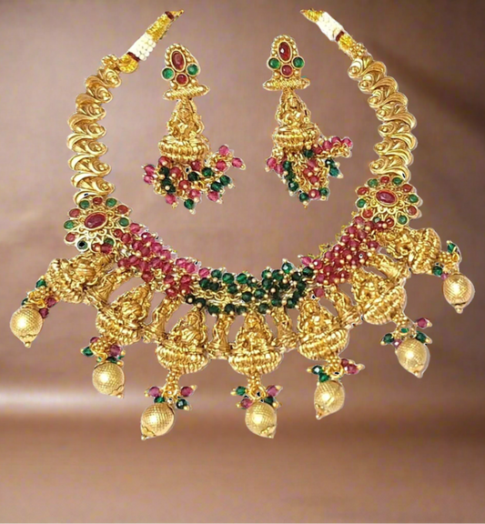 Maa Laxmi Temple Design Red Green Gold Plate Necklace Set
