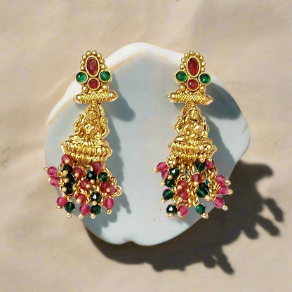 Maa Laxmi Temple Design Red Green Gold Plate Necklace Set