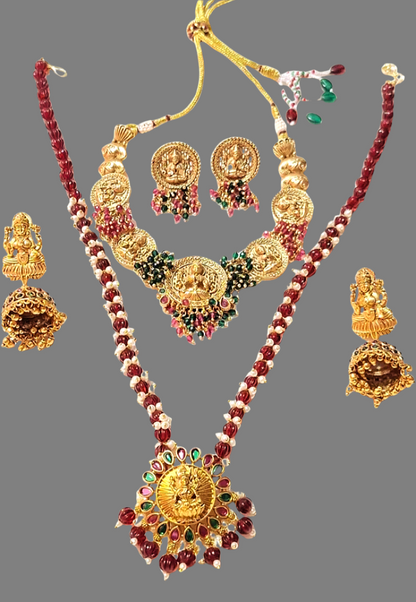 Elegant Red and Green Color Temple Design Necklace Set Combo Set for Women – Traditional Indian Bridal Jewelry