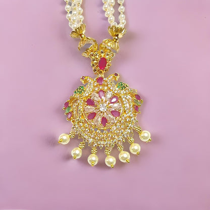 Pink Ruby American Diamond Pearl Long Chain 1 Gram Gold Plated Necklace Set
