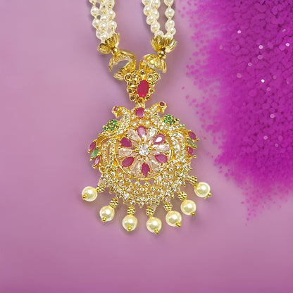 Pink Ruby American Diamond Pearl Long Chain 1 Gram Gold Plated Necklace Set