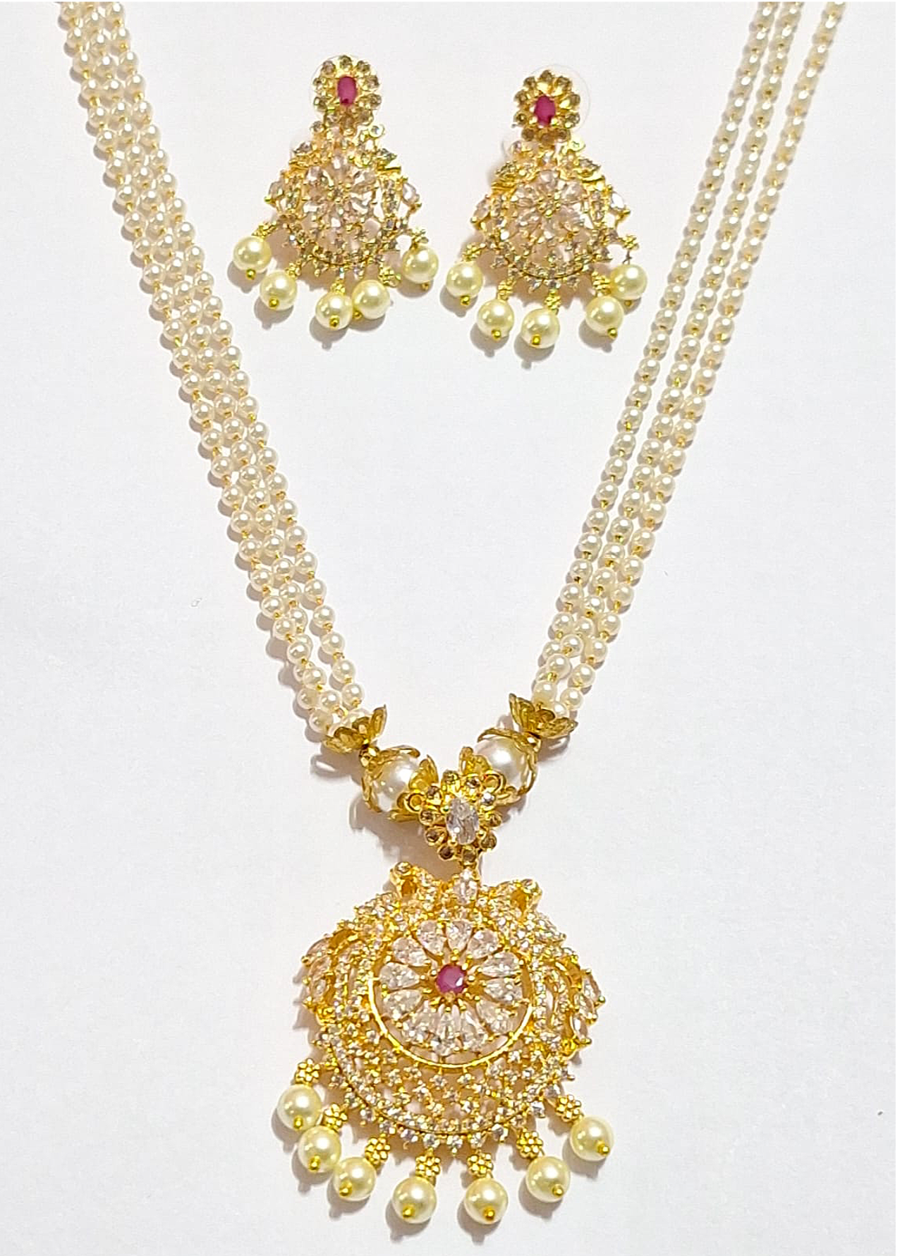 Pearl American Diamond 1 gram Gold plated Long NecklaceSet
