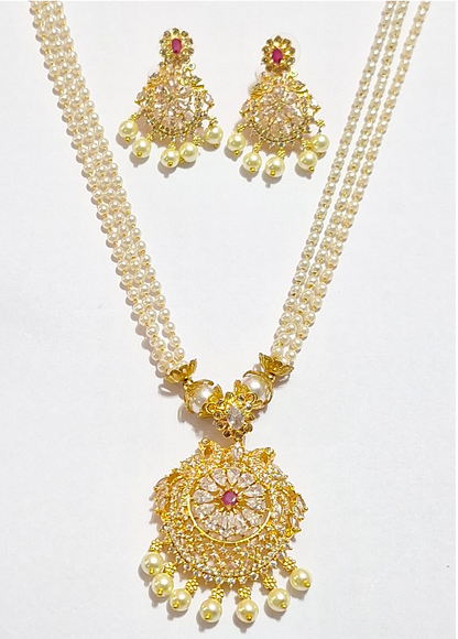 Pearl American Diamond 1 gram Gold plated Long NecklaceSet