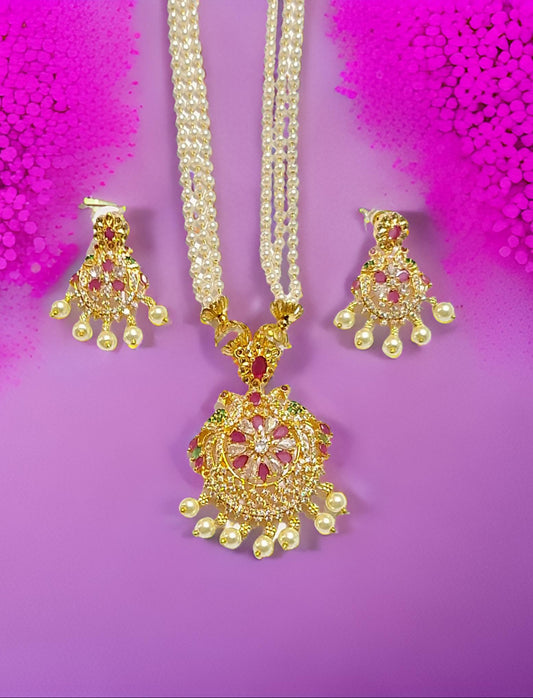 Pink Ruby American Diamond Pearl Long Chain 1 Gram Gold Plated Necklace Set